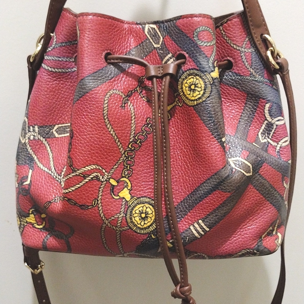 Talbot's Equestrian Print Leather Bucket Bag Crossbody EUC - Picture 3 of 10